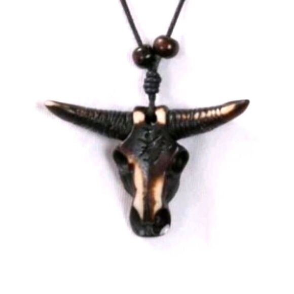 Hand CRAFTED UNISEX brown bull head pendant with adjustable necklace - Picture 5 of 8